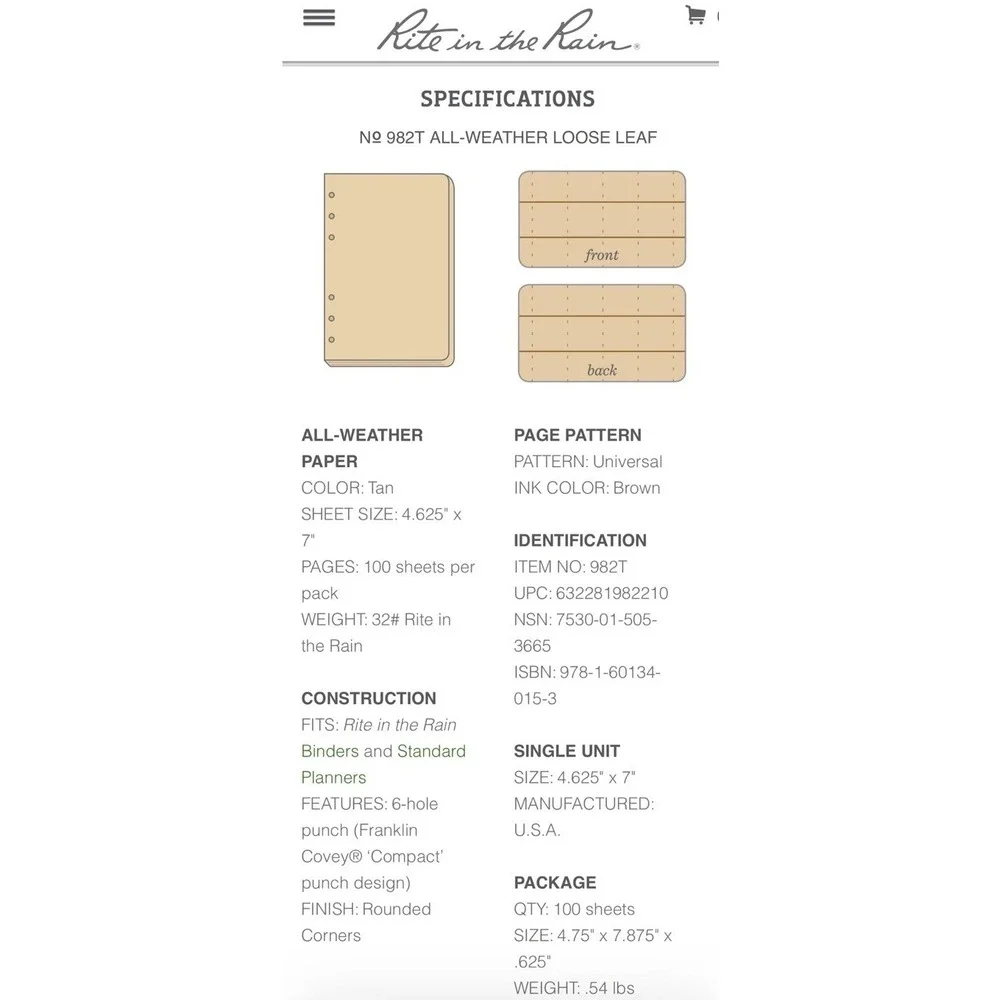Rite in the Rain Weatherproof Loose Leaf Paper 4 5/8